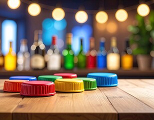 Colorful bottle caps on a wooden bar