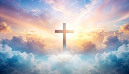 Serene sky landscape featuring a radiant cross amidst fluffy clouds