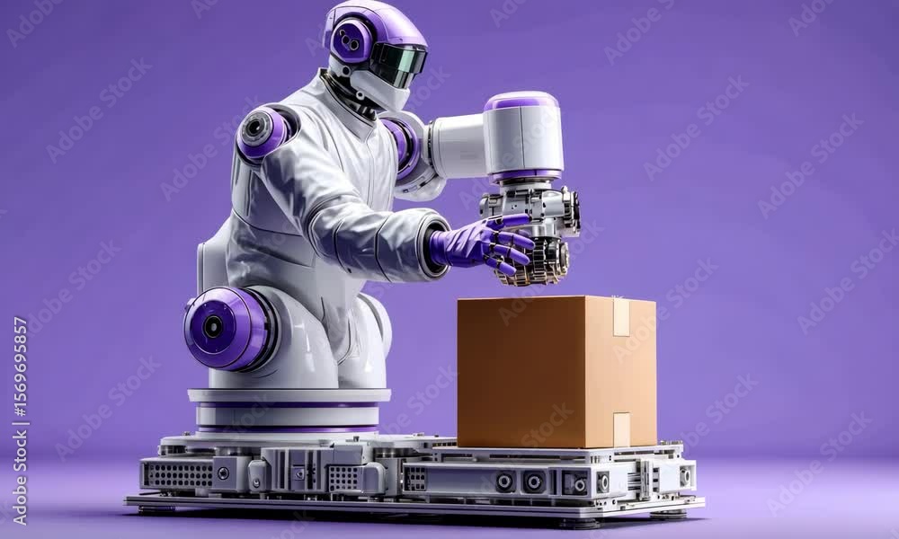 Aufkleber futuristic robot with purple accents showcases advanced automation technology while handling cardboa