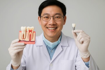 Dentist showing tooth model, Smiling Asian male dentist in lab coat and gloves holds tooth anatomy model and dental implant. Indoor clinic setting. Dental health and oral care education concept