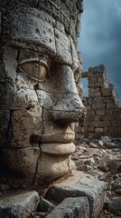 The ancient stone face carving stands prominently amidst the crumbling ruins of a forgotten temple, its weathered features telling tales of centuries long past.