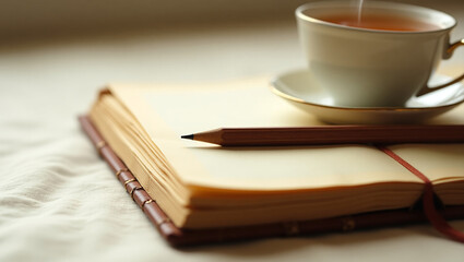 Naklejka premium Notebook and pencil next to a tea cup - elderly man keeps a diary