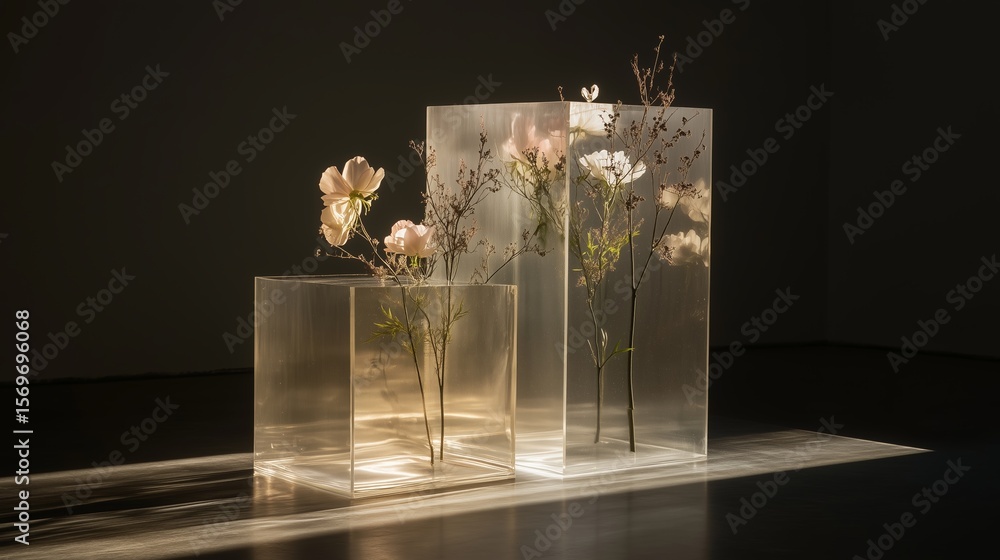 Poster modern floral display in translucent sculptures illuminated by soft light in an art gallery