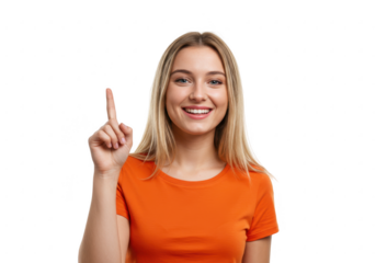 Smiling young woman pointing finger up isolated on transparent background