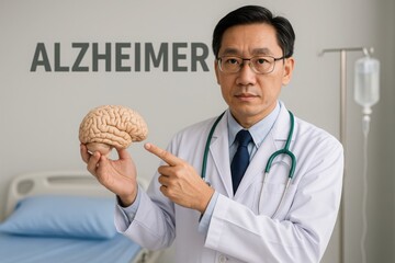 Doctor explaining Alzheimer's, Asian male doctor wearing white coat and stethoscope points to brain model with Alzheimer text in background. Medical education and cognitive health concept