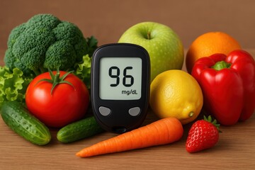 Glucometer with healthy food, Digital glucometer showing 96 mg/dL placed among fresh vegetables and fruits. Healthy diet concept for diabetes control. Natural lighting and wooden surface