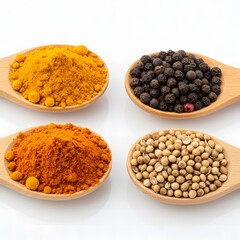 Four wooden spoons hold various spices turmeric powder two shades, black peppercorns, and coriander seeds. A clean white background showcases the vibrant colors.
