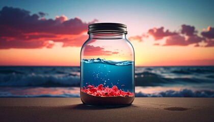 Red Sea parting inside a glass jar on the shore abstract background