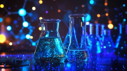Futuristic Science, Beakers and Molecular Networks in a Neon Glow Laboratory