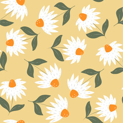 Hand-drawn daisy flowers seamless pattern print design. Vector illustration design for fashion fabrics, textile graphics and prints.