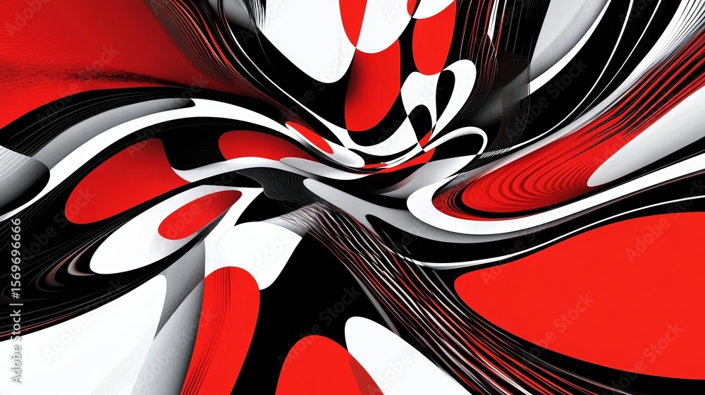 Poster dynamic interplay of flowing black, white and red abstract forms