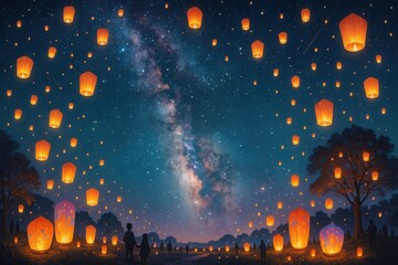Lantern festival night, Many glowing lanterns float into a starry night sky under the Milky Way. Silhouettes of people watch below. Vibrant festival scene. Light, celebration, and wonder concept