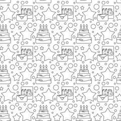 Outline seamless pattern with birthday elements: gifts, balloons, cakes. Clean line art on white, great for kids party designs and holiday packaging
