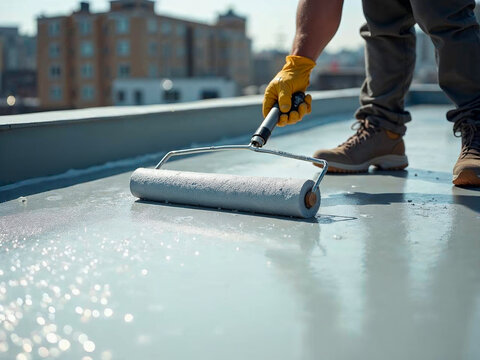 Construction worker applies waterproof coating on flat roof using a paint roller