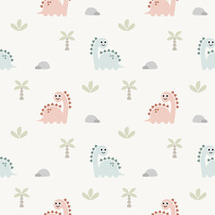 Dinosaur cartoon so cute. On tree grass rock background. Pattern seamless vector illustration. 