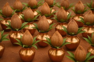 Kalash with coconut, Rows of copper kalash pots topped with coconuts and green leaves on brown soil. Symmetrical arrangement. Hindu religious offering. Cultural symbolism and rituals