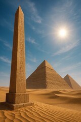Egyptian monument, Ancient Egyptian obelisk with hieroglyphs near pyramids in sandy desert. Clear blue sky and bright sun. Historical architecture. Archeology and ancient civilization concept