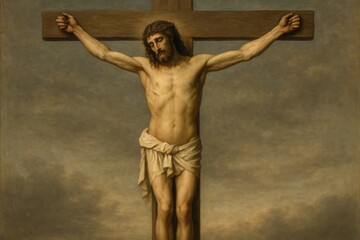 Crucifixion scene, Crucified man with crown of thorns on wooden cross. Semi-nude male figure with wounds and long dark hair. Classical oil painting style. Earth tones. Religious martyrdom concept