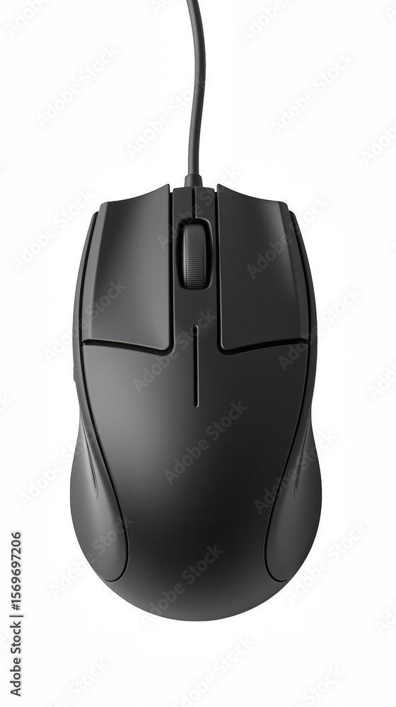 Poster sleek black computer mouse with ergonomic design, featuring scroll wheel and side buttons for enhanc