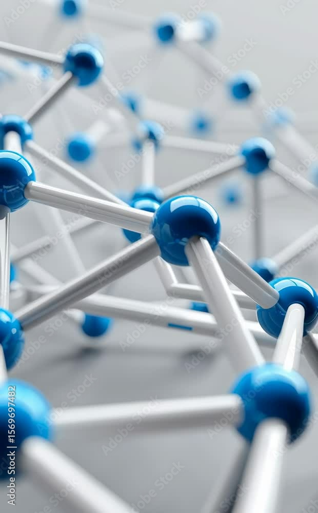 Poster exploring 3d molecular structure abstract design of blue spheres and white rods in science and techn