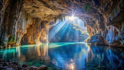 Cave entrance with a large hole in it, surrounded by stalactites and stalagmites, reflecting light from an underwater source , Kefalonia island, Greek island