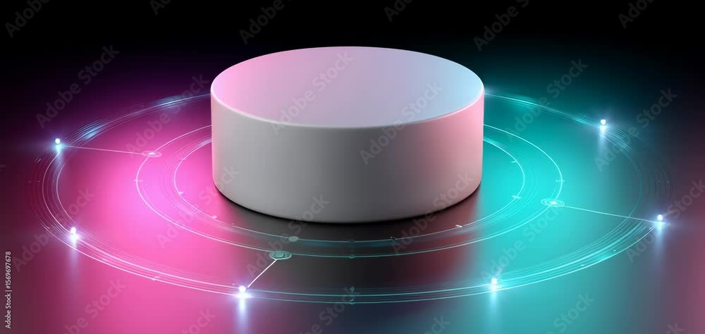Poster futuristic minimalistic podium with smooth surface, glowing circular patterns vibrant pink and blue 