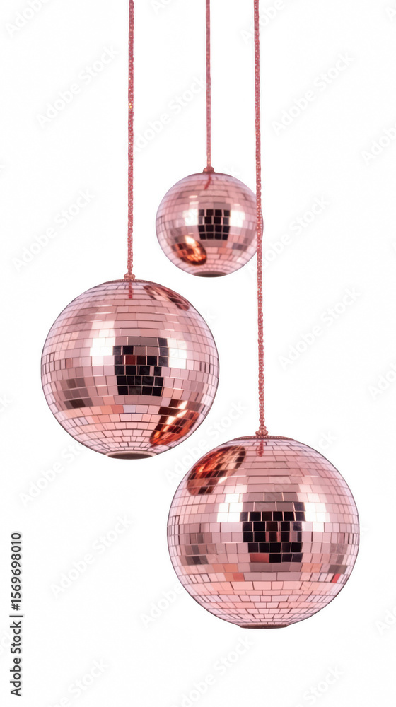 Poster shiny disco balls hanging in row, reflecting light and creating festive atmosphere. perfect for part