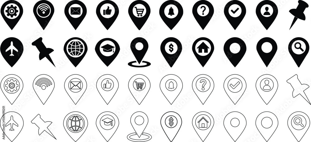 Poster set of location pin icons. location icon. map marker pointer icon set. location and map pin icon set
