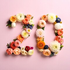 Number 20 made out of flowers with colored background. Photo for 20th birthday or anniversary party