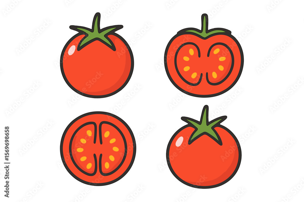 Poster illustration of fresh tomatoes displaying whole and sliced views in vibrant colors and simple design