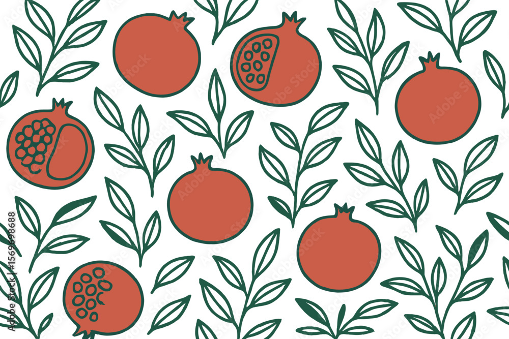 Poster pomegranate and leaf pattern design showcasing unique fruit aesthetics with botanical elements