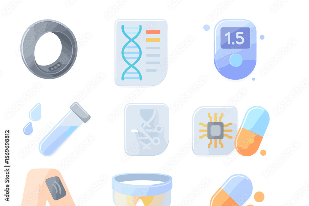 Poster collection of health and science icons representing various medical technologies and data analysis t