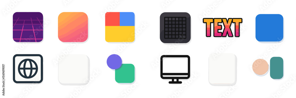 Poster Colorful digital icons in various shapes representing modern technology and design principles for user interfaces