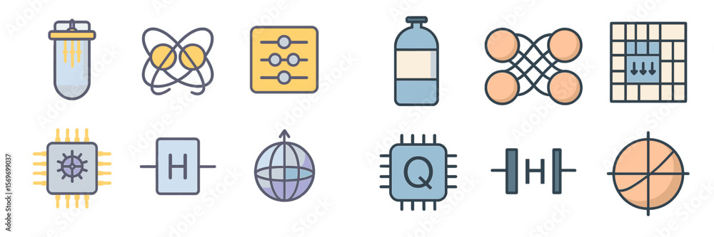 Poster Symbols representing science, technology, and research concepts in a modern graphical style