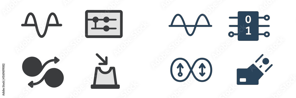 Poster Icons representing digital signals, data processing, and electronic systems in a modern user interface design