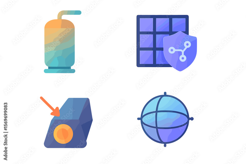 Poster Colorful icons representing various digital security and data visualization concepts in modern design