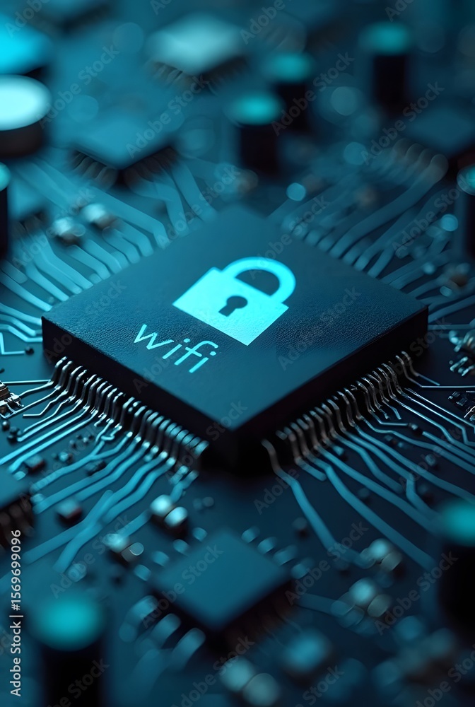Poster close-up view of a wi-fi chip with a padlock icon placed on a circuit board, highlighting wireless s