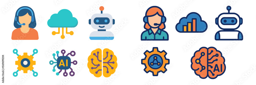 Poster Icons representing customer support, artificial intelligence, and data analytics in a modern digital environment