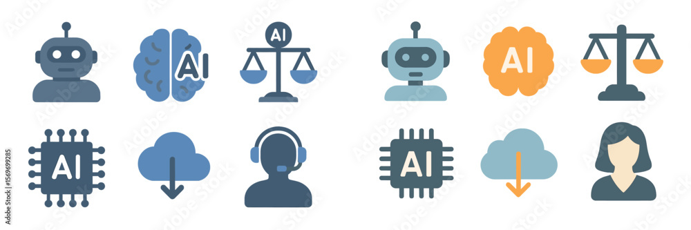 Poster Different AI symbols representing various aspects of artificial intelligence technology, illustrating its applications and ethics in a modern setting