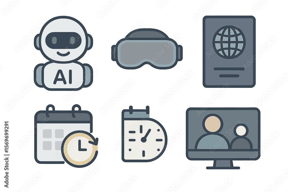 Poster technology icons representing artificial intelligence, virtual reality, and remote connectivity for 
