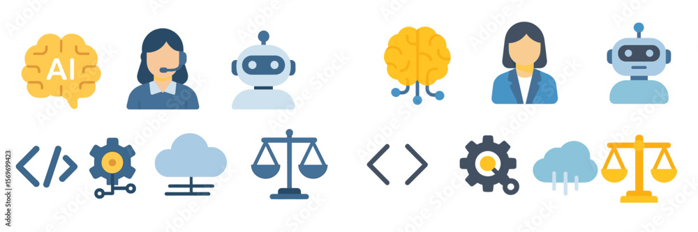 Poster artificial intelligence concepts featuring human and robot interactions in a modern technology setti