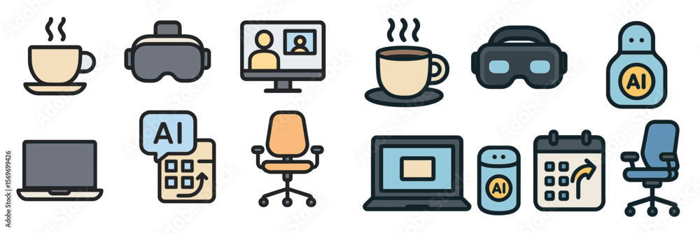 Poster Modern workspace elements featuring technology, virtual reality, and artificial intelligence tools for productivity enhancement