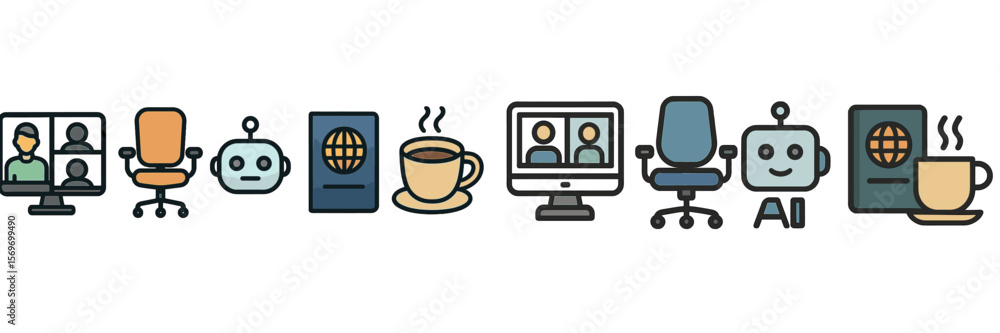 Poster diverse technologies and interactions illustrate modern workspace and online communication