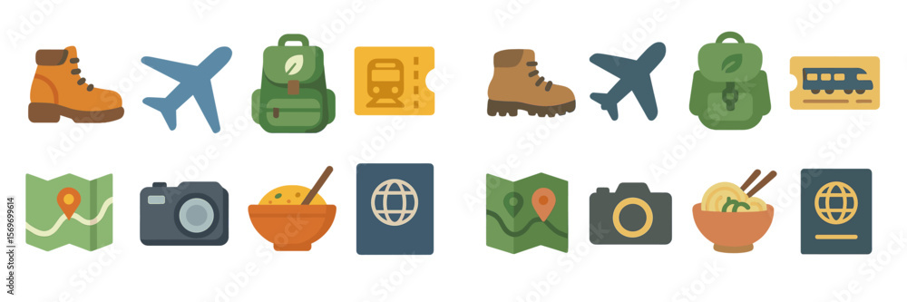 Poster travel icons representing various aspects of exploration and adventure in a colorful and playful sty