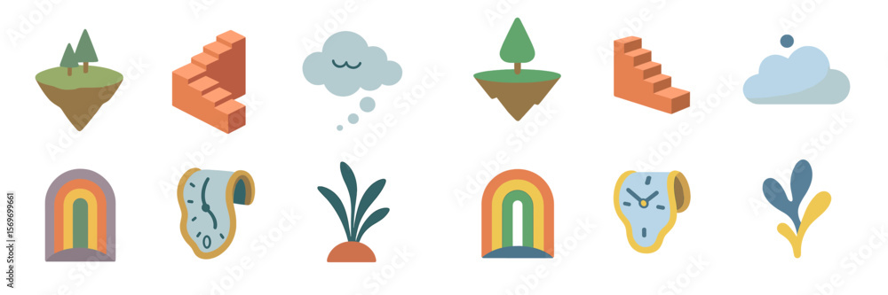 Poster colorful illustrations of surreal landscapes and objects showcasing nature and abstract elements in 