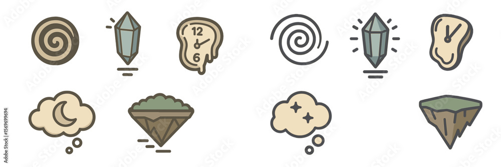 Poster Colorful abstract symbols representing time and nature in a whimsical style