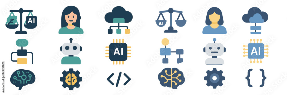 Poster Concepts related to artificial intelligence and its ethical implications illustrated with icons and symbols