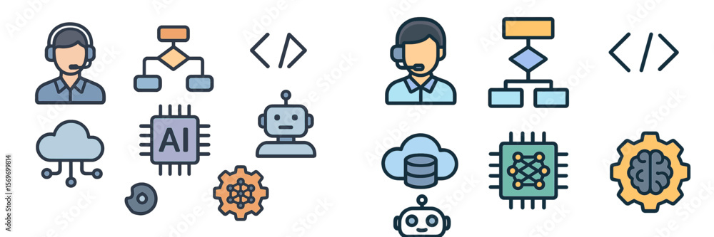 Poster visual representation of ai development and tech support processes in a modern digital environment