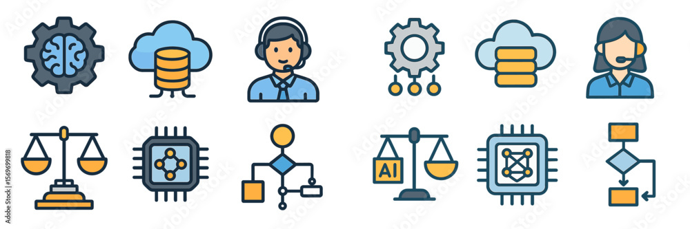 Aufkleber modern technology icons illustrating data analysis, ai, and customer support in a digital workspace 