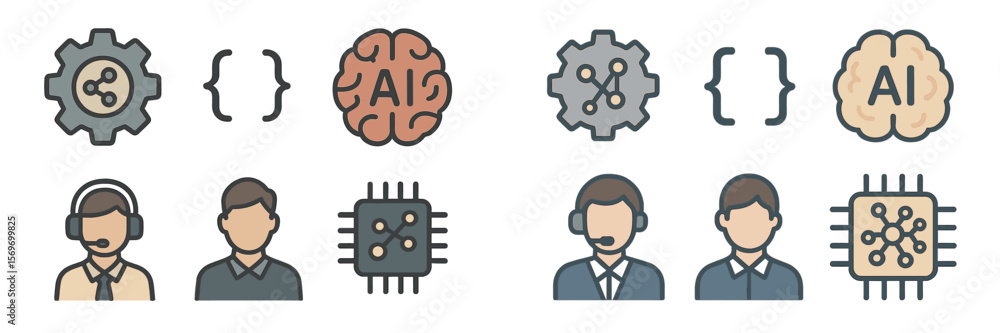 Poster Visual representation of artificial intelligence concepts with gears, brains, and people working together on technology